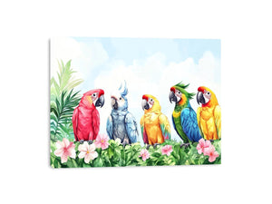 Colorful tropical parrot watercolor canvas art with flowers and leaves for nursery or living room decor.