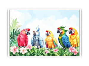 Colorful tropical parrot watercolor canvas art with flowers and leaves for nursery or living room decor.