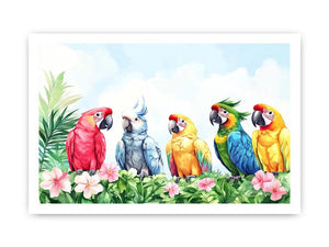 Colorful tropical parrot watercolor canvas art with flowers and leaves for nursery or living room decor.