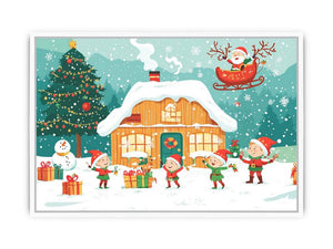 Christmas village canvas art with Santa, elves, snowy cabin, tree, gifts, and festive family decor.