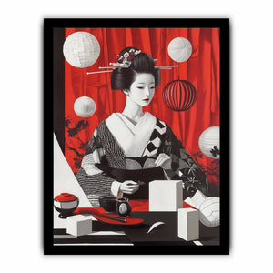 Vertical geisha portrait canvas art with red curtain, lanterns, and black white kimono for modern decor.