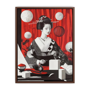 Vertical geisha portrait canvas art with red curtain, lanterns, and black white kimono for modern decor.