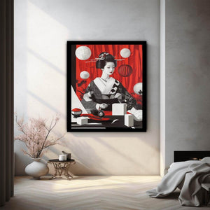 Vertical geisha portrait canvas art with red curtain, lanterns, and black white kimono for modern decor.