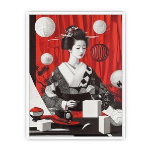 Vertical geisha portrait canvas art with red curtain, lanterns, and black white kimono for modern decor.
