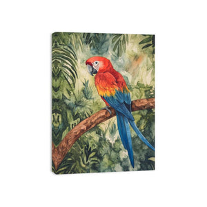 Scarlet macaw watercolor canvas art with tropical foliage for living room or bedroom decor.