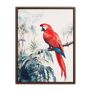 Red macaw watercolor canvas art on branch with soft tropical leaves for bedroom or nursery decor.