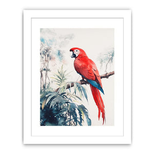 Red macaw watercolor canvas art on branch with soft tropical leaves for bedroom or nursery decor.