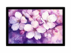 Pink blossom watercolor canvas art with purple floral background for elegant bedroom or living room decor.