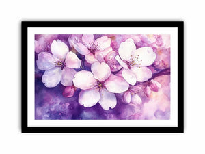 Pink blossom watercolor canvas art with purple floral background for elegant bedroom or living room decor.