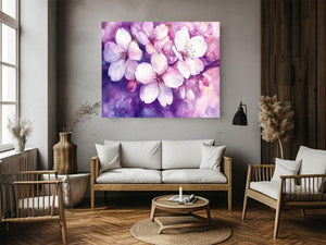 Pink blossom watercolor canvas art with purple floral background for elegant bedroom or living room decor.