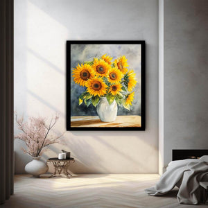 Sunflower bouquet watercolor canvas art in white vase for kitchen, dining room, or farmhouse decor.