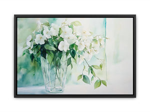 Soft white flower watercolor canvas print in vase for elegant bedroom decor.