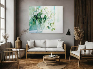Soft white flower watercolor canvas print in vase for elegant bedroom decor.