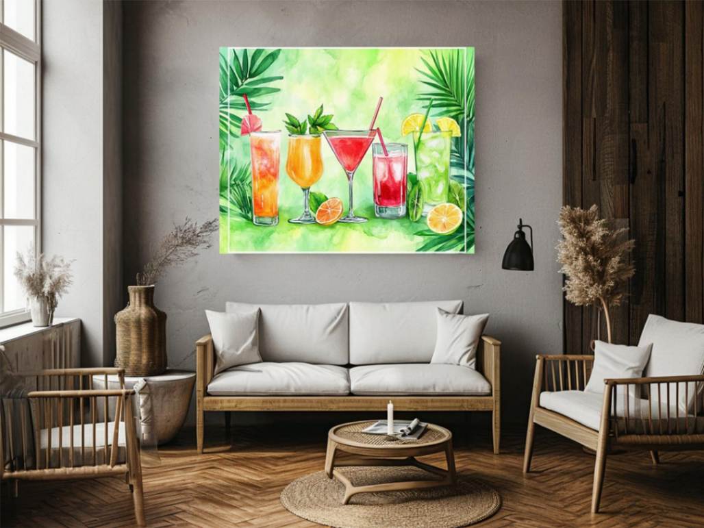 Colorful tropical cocktail watercolor wall art for kitchen or home bar decor.