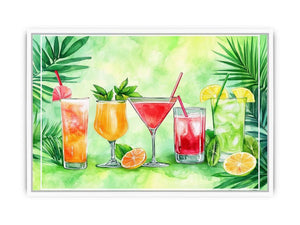 Colorful tropical cocktail watercolor wall art for kitchen or home bar decor.