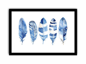 Blue watercolor feather wall art with delicate patterns for coastal bedroom decor.