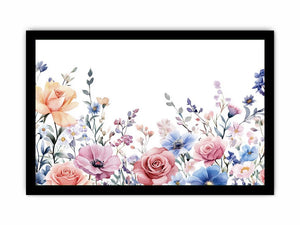 Pastel floral watercolor wall art with roses and wildflowers for girls bedroom decor.