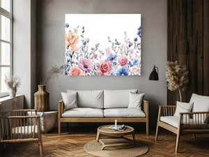 Pastel floral watercolor wall art with roses and wildflowers for girls bedroom decor.