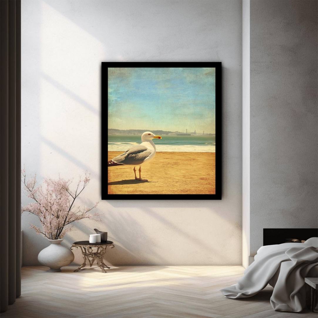 Vintage seagull beach wall art with ocean and sand for coastal living room decor.