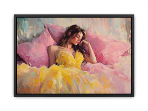 Fashion woman canvas art in yellow dress with pink pillows for glamorous bedroom decor.
