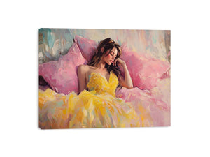 Fashion woman canvas art in yellow dress with pink pillows for glamorous bedroom decor.