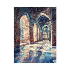 Watercolor architecture wall art with arched windows and tiled hall for elegant hallway decor.