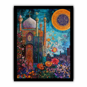 Islamic architecture canvas art with blue mosque, floral garden, and gold calligraphy for statement decor.