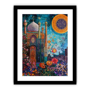 Islamic architecture canvas art with blue mosque, floral garden, and gold calligraphy for statement decor.