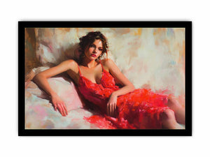 Figurative woman in red dress canvas art for elegant bedroom or living room decor.