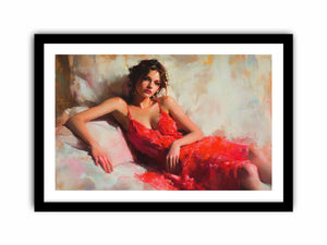 Figurative woman in red dress canvas art for elegant bedroom or living room decor.