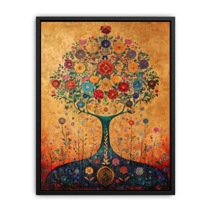 Colorful floral tree canvas art for warm living room or dining room decor.
