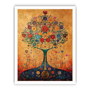 Colorful floral tree canvas art for warm living room or dining room decor.