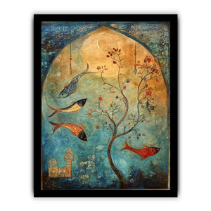 Persian inspired fish and flowering tree canvas art for serene bedroom decor.