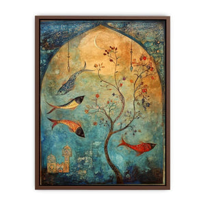 Persian inspired fish and flowering tree canvas art for serene bedroom decor.