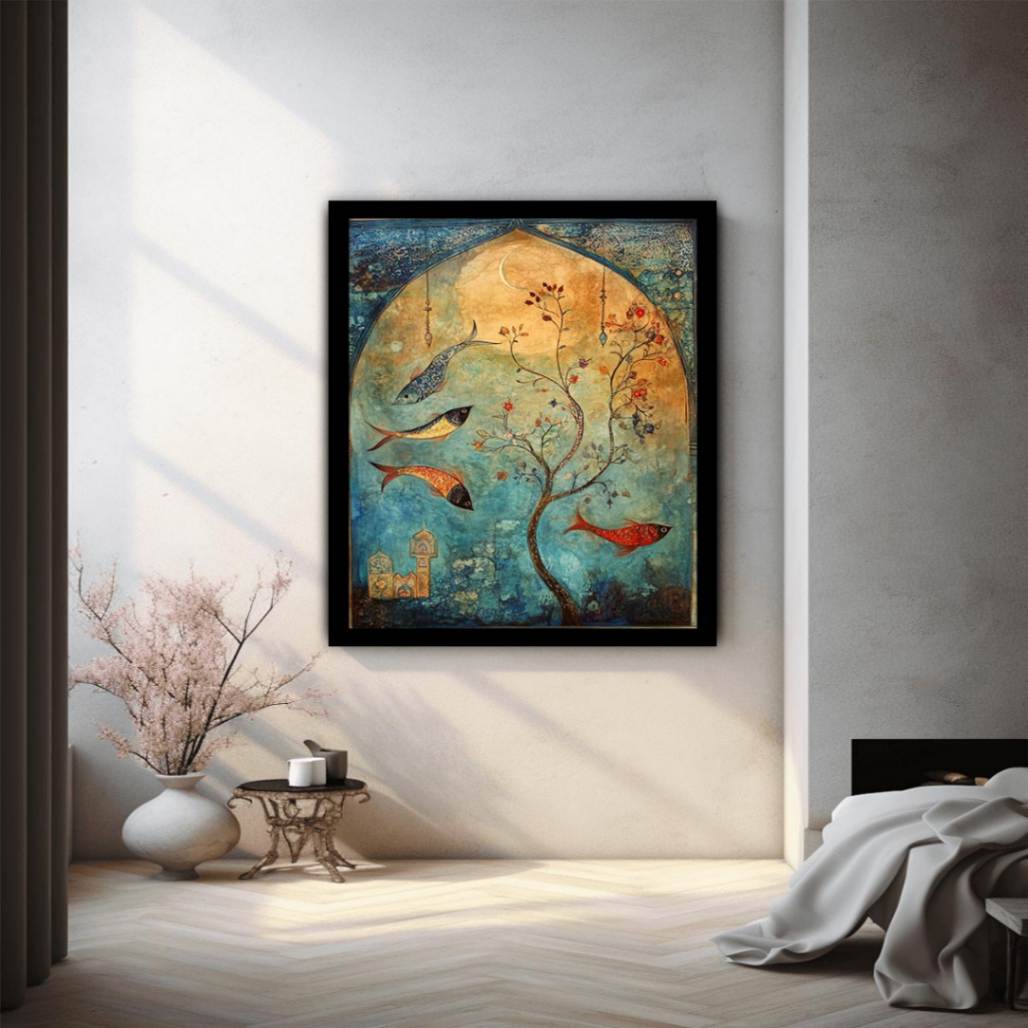 Persian inspired fish and flowering tree canvas art for serene bedroom decor.