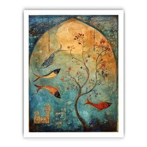 Persian inspired fish and flowering tree canvas art for serene bedroom decor.