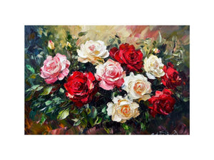 Romantic rose bouquet canvas art for elegant bedroom or living room decor.