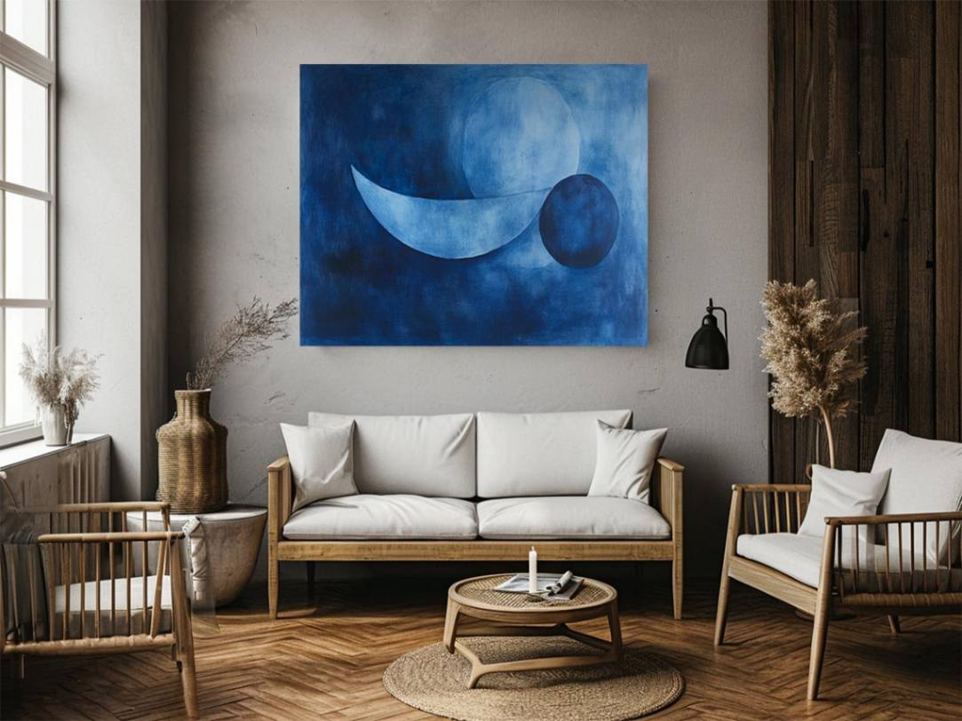 Calming blue abstract still life canvas art for serene bedroom or office decor.