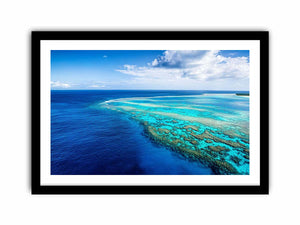 Aerial coral reef canvas photography for coastal living room styling.