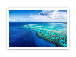 Aerial coral reef canvas photography for coastal living room styling.