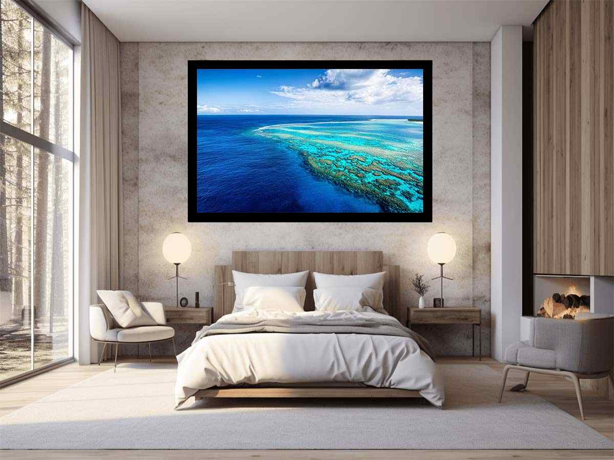 Aerial coral reef canvas photography for coastal living room styling.
