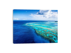 Aerial coral reef canvas photography for coastal living room styling.