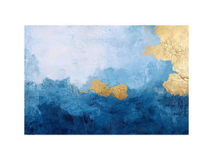 Blue and gold abstract canvas art for luxury living room or coastal bedroom decor.