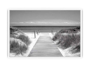 Black and white beach boardwalk photography for calm coastal bedroom or hallway decor.
