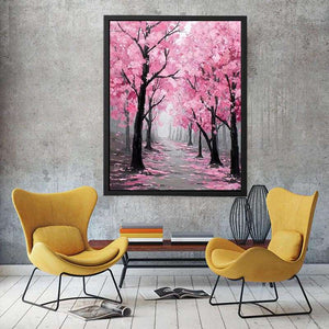 Pink blossom tree path canvas art for soft modern bedroom decor.