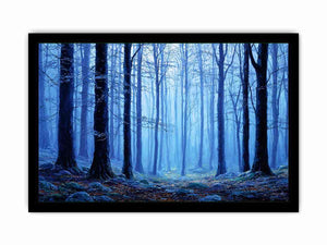 Misty blue forest canvas art for calming modern living room decor.