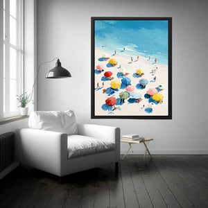 Colorful beach umbrella canvas art for bright coastal home decor.