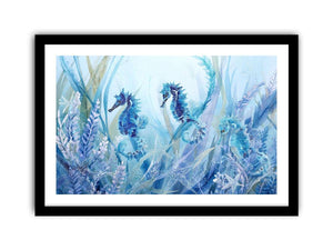 Blue seahorse and starfish canvas art for coastal nursery decor.