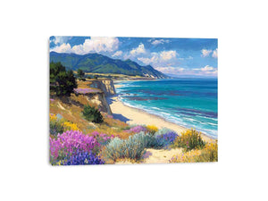 Coastal cliff and wildflower canvas art for bright living room decor.