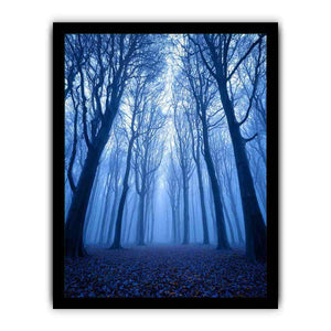 Moody blue forest trees canvas art for tall modern hallway decor.